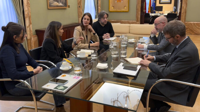 El delegado del Gobierno en Madrid, Francisco Martín (2d), y la portavoz del grupo municipal Más Madrid, Rita Maestre (3i), en su reunión mantenida hoy en Madrid. EFE/ Nahia Peciña
