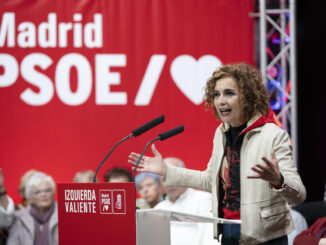 La vicepresidenta primera del gobierno y ministra de Hacienda, María Jesús Montero, durante su participación en un acto político del PSOE celebrado este domingo en Alcorcón (Madrid). EFE/Fernando Villar