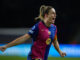 La jugadora del Barcelona Alexia Putellas celebra el tercer gol de su equipo en el partido de Liga de Campeones femenina entre el Barcelona y el Manchester City, este miércoles en el estadio olímpico Lluis Companys. EFE/ Alejandro García