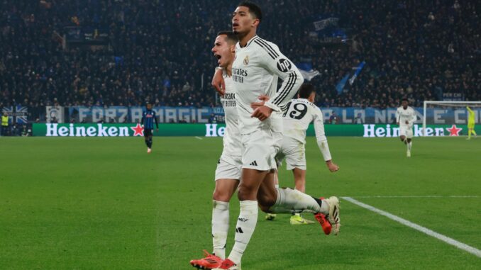 El jugador del Real Madrid Jude Bellingham celebra el 1-3 durante el partido de la UEFA Champions League que han jugado Atalanta BC y Real Madrid, en Bérgamo, Italia. EFE/EPA/MICHELE MARAVIGLIA
