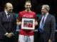 El tenista Rafa Nadal acompañado por el ex presidente de la ITF, el estadounidense David Haggerty (d) y el presidente de la Federación Española de tenis, Miguel Díaz Román, en el pabellón Martín Carpena de Málaga en foto de archivo de Jorge Zapata. EFE