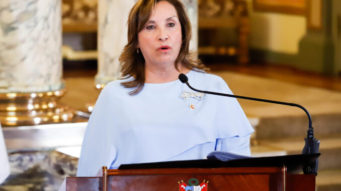 Fotografía de archivo del pasado 16 de noviembre de la presidenta de Perú, Dina Boluarte, durante la firma de acuerdos con Corea del Sur en el salón Dorado del Palacio de Gobierno en Lima (Perú). EFE/ Renato Pajuelo
