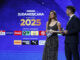 Los presentadores Marina Granziera (i) y Juan José Buscalia participan en el sorteo de la primera fase de la Copa Sudamericana 2025. EFE/ Juan Pablo Pino