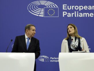 La presidenta del Parlamento Europeo, Roberta Metsola, y el líder opositor venezolano Edmundo González Urrutia. EFE/EPA/RONALD WITTEK