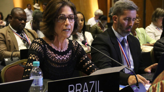 La embajadora delegada permanente de Brasil ante la Unesco, Paula Alves de Sousa, participa durante la decimonovena sesión del Comité Intergubernamental para la Salvaguardia del Patrimonio Cultural Inmaterial de la Organización de las Naciones Unidas para la Educación, la Ciencia y la Cultura (Unesco), este miércoles en Luque (Paraguay). EFE/ Nina Osorio
