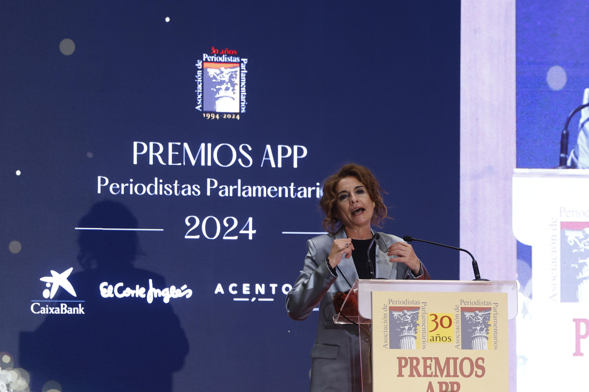 La vicepresidenta del Gobierno, María Jesús Montero, durante la XV edición de los Premios Imagen del Parlamento que se ha celebrado este miércoles en Madrid. EFE/Juanjo Martín
