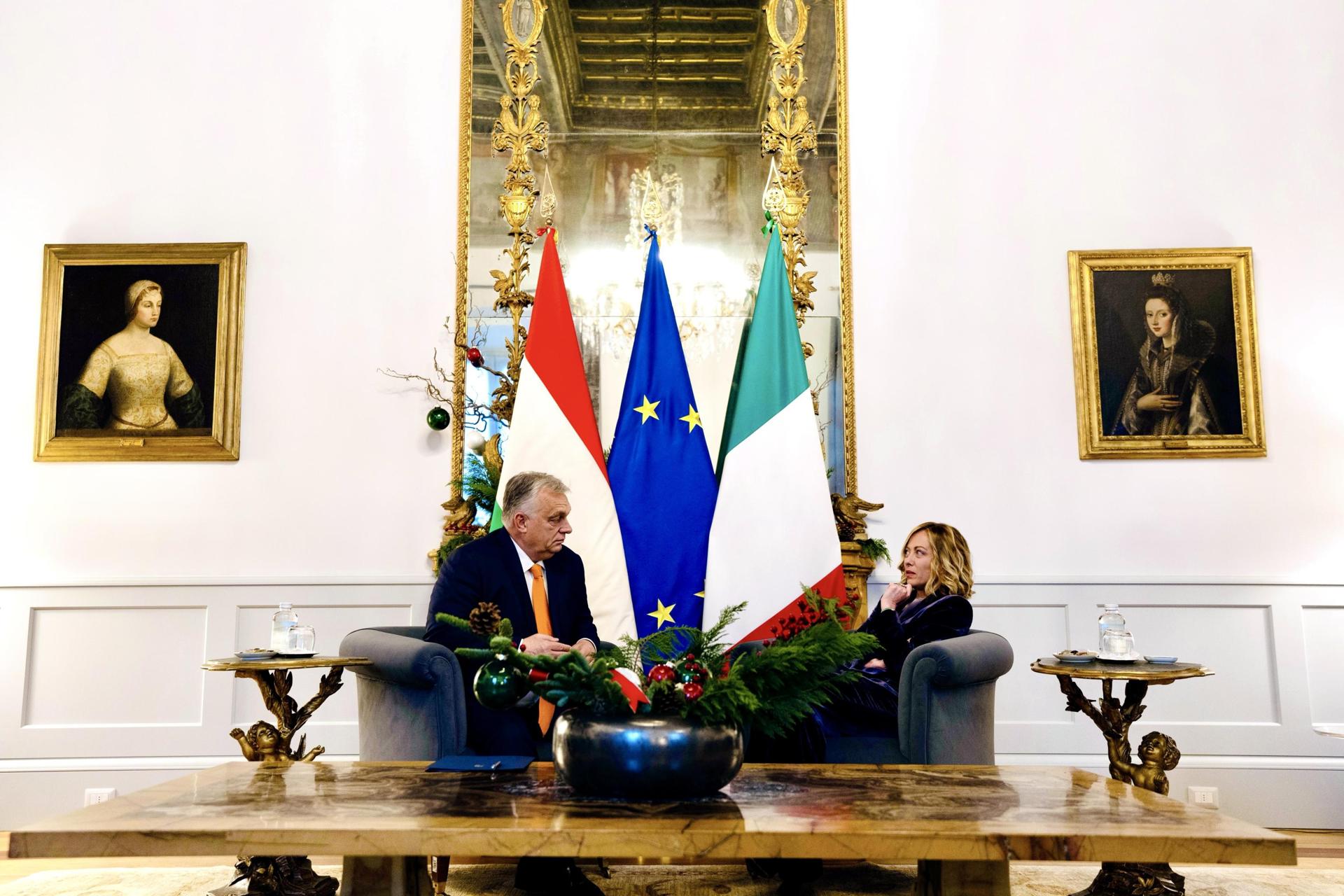 A handout photo made available by the Chigi Palace press office shows Italian Prime Minister Giorgia Meloni receiving Hungarian Prime Minister Viktor Orban at the Chigi Palace in Rome, Italy, 04 December 2024. EFE/EPA/FILIPPO ATTILI
