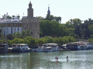 Imagen de archivo de un grupo de personas en canoa por el río Guadalquivir en Sevilla. EFE/David Arjona/Archivo