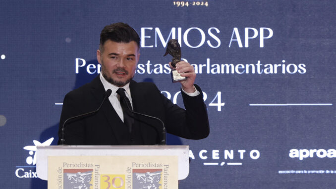 El portavoz de ERC en el Congreso, Gabriel Rufián, durante la XV edición de los Premios Imagen del Parlamento que se ha celebrado este miércoles en Madrid. EFE/Juanjo Martín
