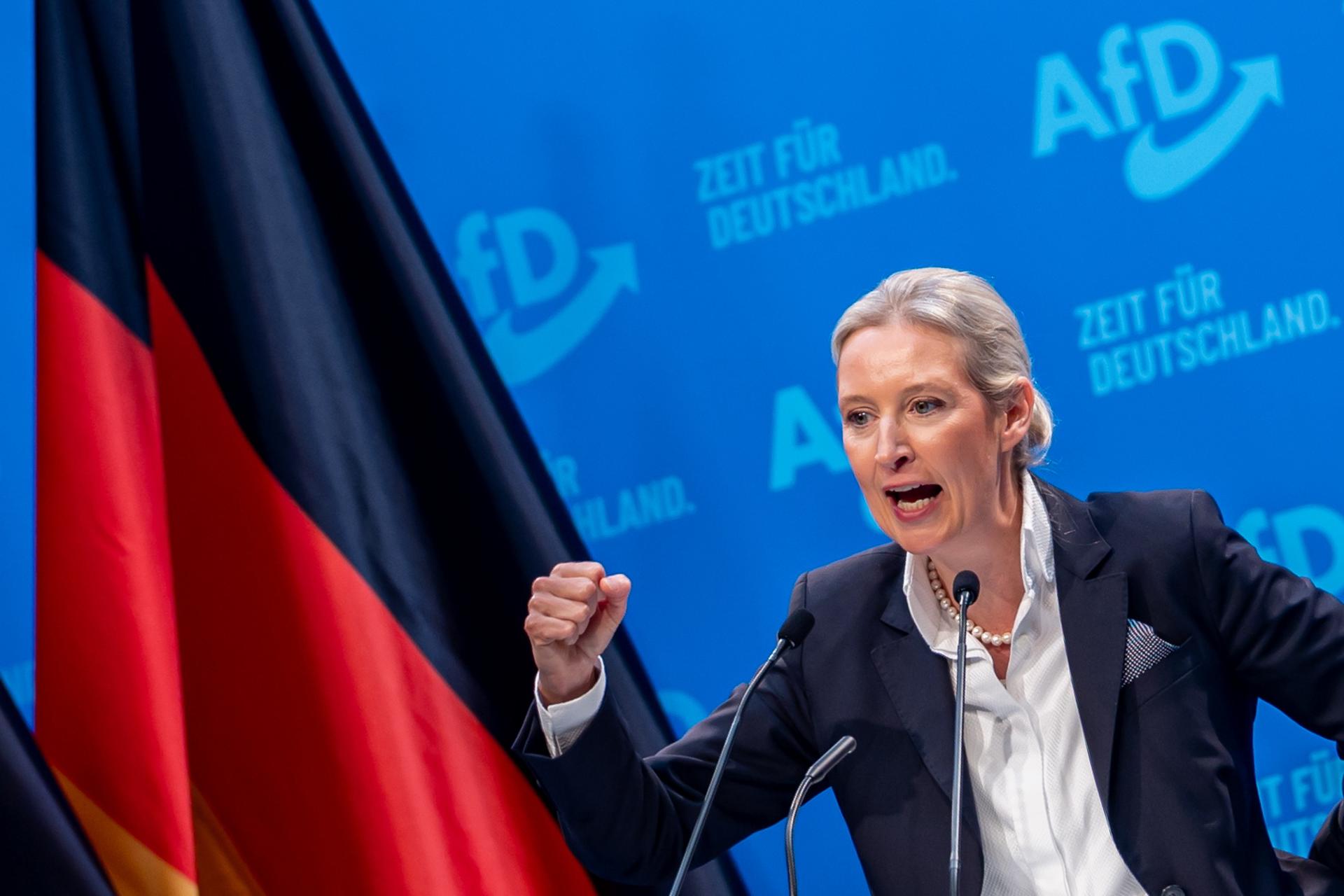 La colíder de Alternativa para Alemania (AfD), Alice Weidel, durante su intervención en el congreso federal de este partido ultraderechista, celebrado en la ciudad de Riesa, que la ratificó como candidata a las elecciones del próximo 23 de febrero. EFE/EPA/Martin Divisek
