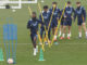 El jugador del Real Madrid Eduardo Camavinga (i) durante el entrenamiento previo al partido de Copa del Rey contra la Deportiva Minera en la Ciudad Real Madrid en Valdebebas, Madrid, este domingo. EFE/Sergio Pérez