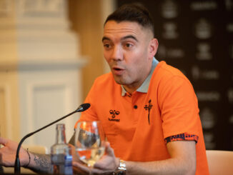 El jugador del Real Club Celta de Vigo Iago Aspas, durante la rueda de prensa tras su renovación con el Celta hasta 2026, este jueves. EFE / Salvador Sas