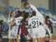 - Las jugadoras del Real Madrid, celebran uno de sus goles durante el encuentro correspondiente a la jornada 8 de la Liga F que disputaron Real Madrid y Levante en el estadio Alfredo Di Stéfano, en Madrid. EFE / Sergio Perez.