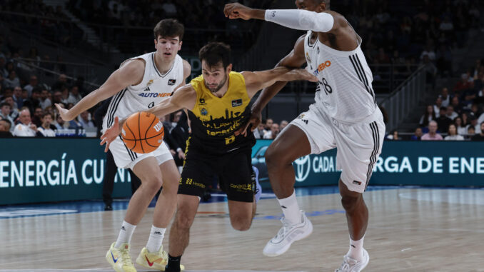 El base italiano de La Laguna Tenerife Bruno Fitipaldo (c) intenta superar a Serge Ibaka (d), del Real Madrid, durante el encuentro correspondiente a la jornada 16 de la fase regular de la Liga Endesa disputado este domingo entre el Real Madrid y el La Laguna Tenerife en el Movistar Arena de Madrid. EFE/ Javier Lizón
