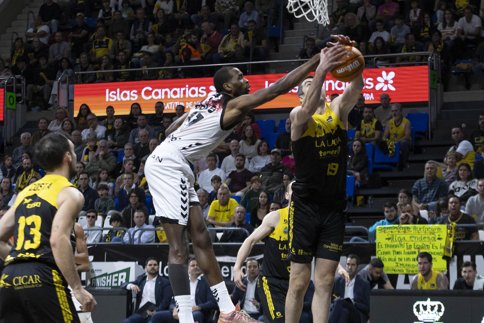 El pívot del Surne Bilbao Basket Marvin Jones (i) y el el pívot de La Laguna Tenerife Shermadini (d) durante el partido de la jornada 15 de la Liga Endesa que enfrentó a ambos equipos este sábado en el pabellón Santiago Martín en La Laguna, (Tenerife).
