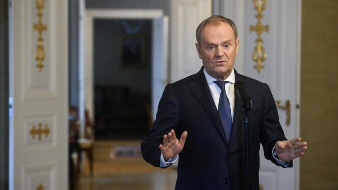 El Primer Ministro polaco Donald Tusk habla con los medios en el Palacio Presidencial, sede de la Cumbre de Aliados de la OTAN del Mar Báltico, en Helsinki, Finlandia, 14 de enero de 2025. NATO establecerá un 'Centinela Báltico' para fortalecer la seguridad en el Mar Báltico a raíz de los recientes incidentes que involucran daños a la infraestructura crítica, anunció el Secretario General de la OTAN, Mark Rutte, en la cumbre. Finlandia EFE/EPA/PIOTR NOWAK POLONIA FUERA
