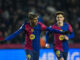 El delantero del Barcelona Lamine Yamal (i) celebra tras marcar el quinto gol ante el Betis, durante el partido de los octavos de final de la Copa del Rey que FC Barcelona y Real Betis disputaron en el Estadio Olímpico Lluis Companys. EFE/Alejandro García