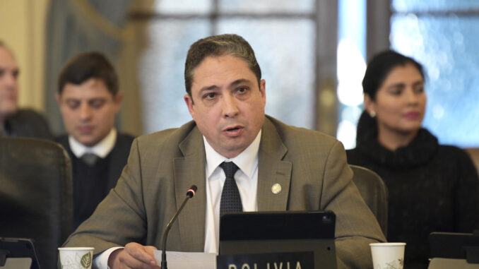 Fotografía de archivo del 18 de enero de 2023 del entonces representante permanente de Bolivia ante la Organización de los Estados Americanos (OEA), Héctor Arce, durante una reunión del Consejo Permanente en la sede del organismo en Washington (Estados Unidos).EFE/ Lenin Nolly
