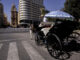 Un coche de caballo realiza su servicio con la catedral de Málaga al fondo en una imagen de archivo. EFE/Jorge Zapata