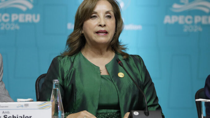 Fotografía de archivo de la presidenta de Perú, Dina Boluarte, durante una rueda de prensa en Lima (Perú). EFE/ Carlos Ortega
