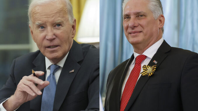 Combo de fotografías de archivo donde se observa al presidente de los Estados Unidos Joe Biden (i), y al presidente de Cuba, Miguel Díaz-Canel. Washington y La Habana dieron este martes la sorpresa al anunciar, respectivamente, la salida de Cuba de la lista de países que patrocinan el terrorismo y una excarcelación masiva de presos de la isla en la que ha mediado el Vaticano. EFE/ Chris Kleponis / Maxim Shemetov ARCHIVO
