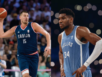 Combo de fotografías de archivo del serbio Nikola Jokic (i) durante un partido contra Puerto Rico, y el griego Giannis Antetokounmpo durante un partido contra Australia. EFE/ Alex Plavevski