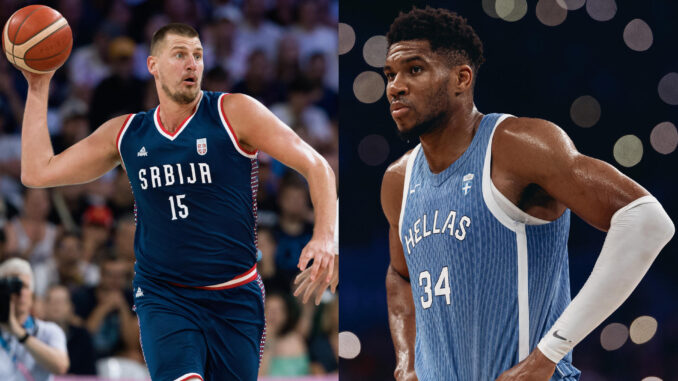 Combo de fotografías de archivo del serbio Nikola Jokic (i) durante un partido contra Puerto Rico, y el griego Giannis Antetokounmpo durante un partido contra Australia. EFE/ Alex Plavevski
