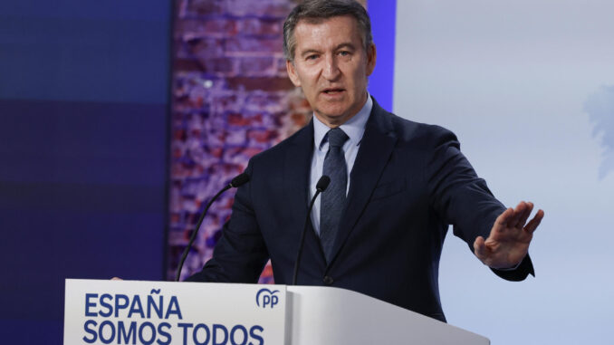 El líder del PP, Alberto Núñez Feijóo, durante su intervención el pasado viernes en Madrid para realizar balance de 2024. EFE/ Chema Moya
