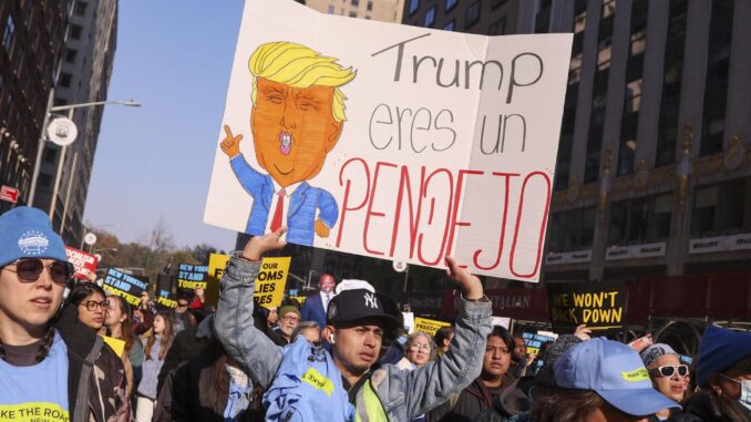 Fotografía de archivo de una persona que sostiene un cartel escrito en español contra el presidente electo de EE.UU., Donald Trump, durante la denominada 'Marcha para proteger nuestro futuro', formada por muchas organizaciones locales en respuesta a los resultados de las elecciones presidenciales de Estados Unidos, en Nueva York (EE.UU.), el 9 de noviembre de 2024.EFE/EPA/Sarah Yenesel
