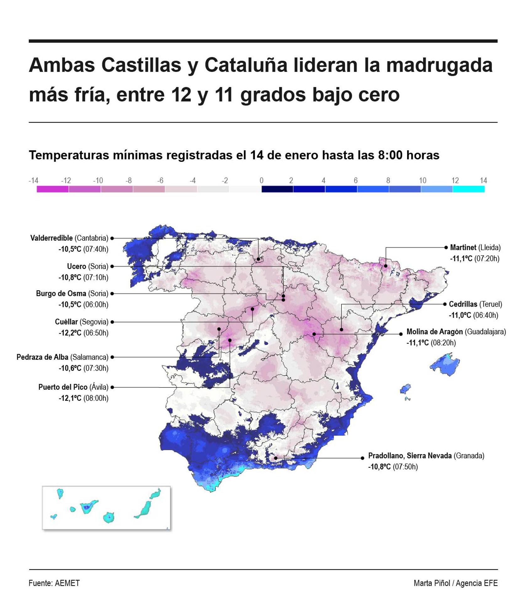 Detalle de la infografía de la Agencia EFE "Ambas Castillas y Cataluña lideran la madrugada más fría, entre 12 y 11 grados bajo cero", disponible en http://www.efeservicios.com. EFE
