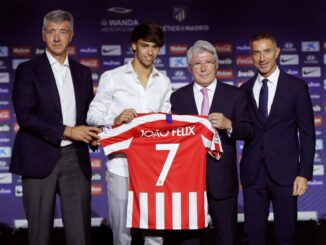 Andrea Berta, Miguel Ángel Gil, Enrique Cerezo y Joao Félix, durante la presentación del delantero portugués en 2019. EFE/Juan Carlos Hidalgo