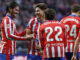 El delantero argentino del Atlético de Madrid Julián Álvarez (2i) celebra el primer gol de su equipo durante el partido de LaLiga entre el Atlético de Madrid y el Osasuna, este domingo en el Riyadh Air Metropolitano de Madrid.EFE/ Juanjo Martín