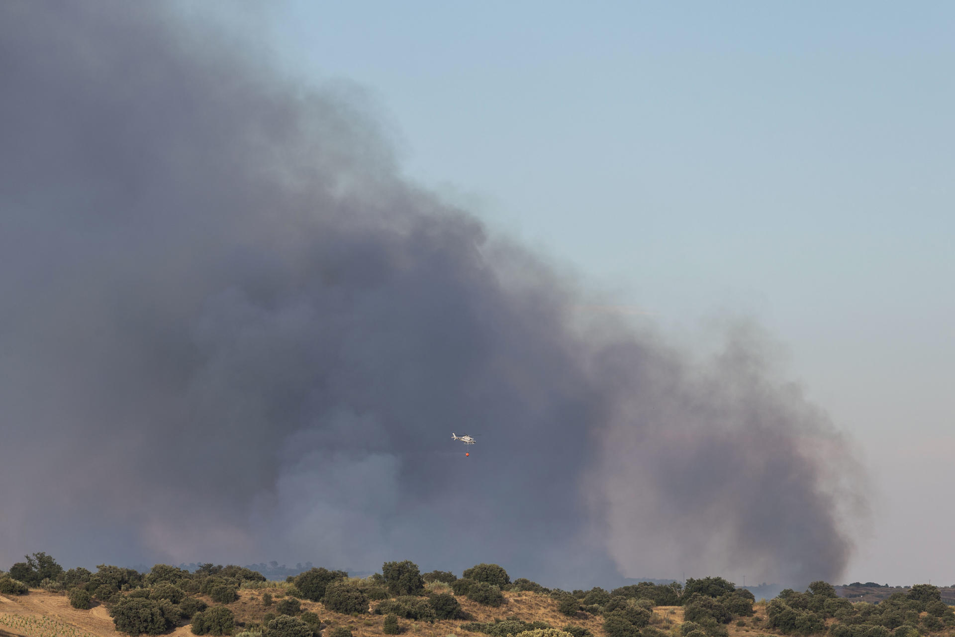 Medios aéreos y terrestres combaten este jueves un incendio forestal que se ha declarado en el término municipal de Méntrida (Toledo). EFE/Ángeles Visdómine
