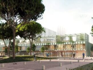 Render del nuevo proyecto del complejo deportivo Landskrona en Magòria, Barcelona, mostrando la integración de equipamientos en un entorno verde