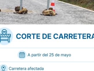 Cartel informativo del corte de la carretera provincial CA-8102 entre Prado del Rey y Zahara con fechas de cierre y reapertura