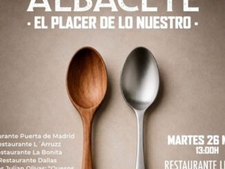 Cartel promocional de Sabores de Albacete con productos típicos locales y logos de restaurantes participantes