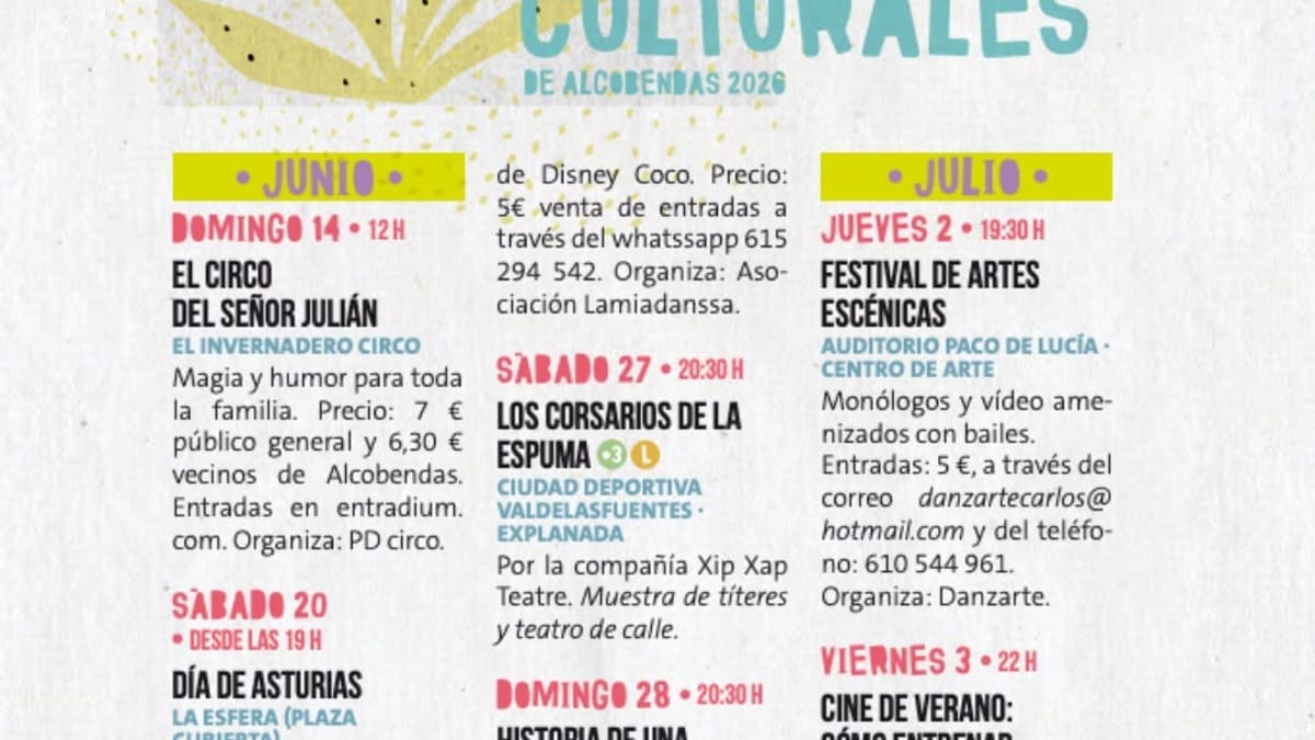 Cartel promocional Veranos Culturales 2026 Alcobendas con programación de música, cine, teatro, circo y danza