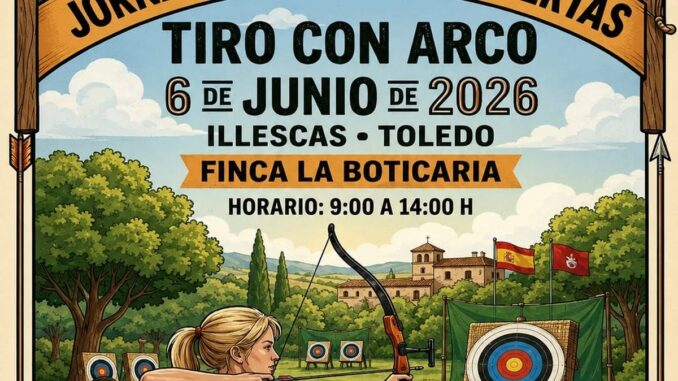 Cartel de celebración del primer aniversario de C.D Amigos del Arco Illescas con información de la Jornada de Puertas Abiertas y Gran Torneo de Tiro con Arco