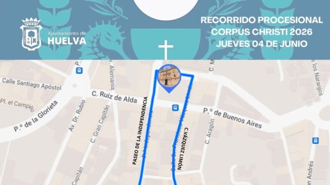 Huelva celebra el Corpus Christi con procesión eucarística el 4 de junio Cartel informativo del Corpus Christi 2026 en Huelva con detalles de la misa y procesión eucarística