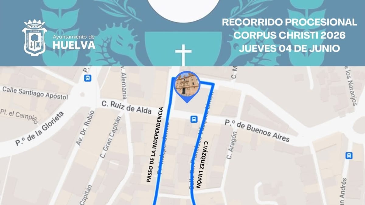 Cartel informativo del Corpus Christi 2026 en Huelva con detalles de la misa y procesión eucarística