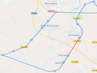 Cartel informativo del corte de la carretera CV-680 entre Almoines y Beniarjó por obras de mejora y mantenimiento