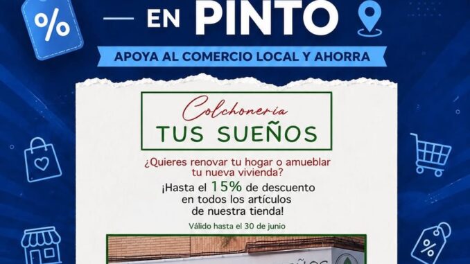 Cartel promocional de descuentos y ofertas de junio en comercios locales con productos en exhibición