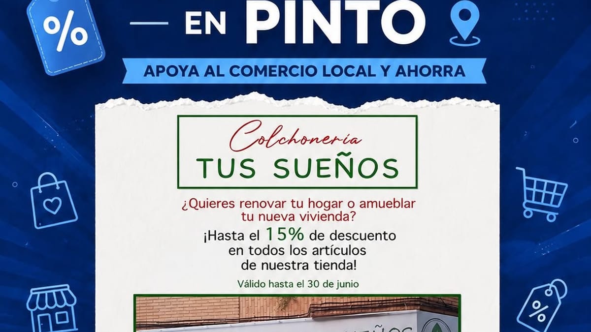Cartel promocional de descuentos y ofertas de junio en comercios locales con productos en exhibición