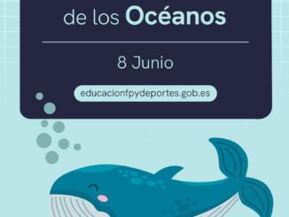 Cartel del Día Mundial de los Océanos destacando la importancia de la educación ambiental y la protección de la biodiversidad marina