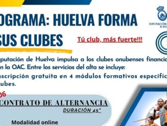 Cartel informativo sobre el programa de formación gratuita para clubes deportivos de la Diputación de Huelva con la Oficina de Atención a Clubes
