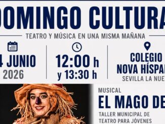 Cartel del Domingo Cultural de Sevilla la Nueva con actuaciones de teatro y música en el Colegio Nova Híspalis