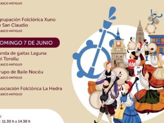 Cartel del Domingo de Folclore en la calle con actuaciones de banda de gaitas y grupos de baile tradicional en el Casco Antiguo