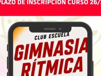 Cartel promocional de la Escuela de Gimnasia Rítmica de Móstoles con información sobre inscripciones abiertas