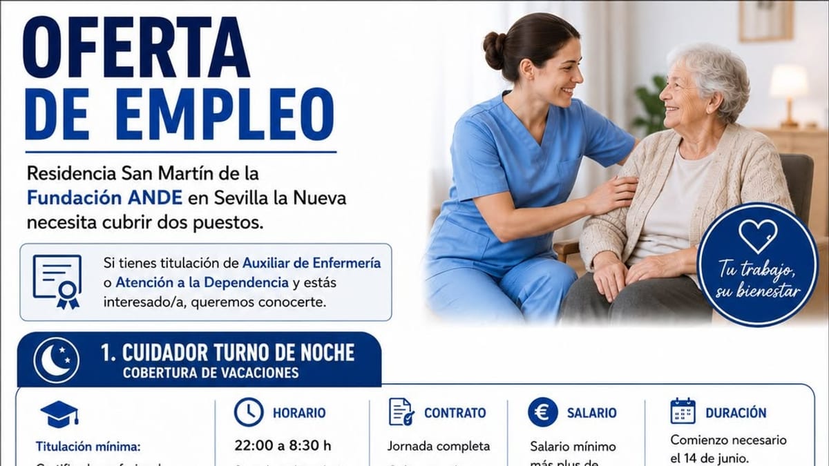 Cartel oferta empleo cuidadores Residencia San Martín Sevilla la Nueva Fundación ANDE