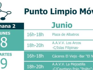 Cartel informativo del Punto Limpio Móvil de Cáceres con listado de materiales reciclables aceptados